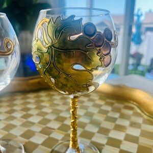 Murano Art Glass Green & Gold Gilt Wine / Glasses 8-3/4 Tall Set of 2 Italy